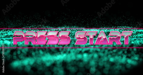 Image of press start only over text in metallic pink letters with lines over green glowing mesh
