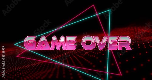 Image of game over text in metallic pink letters with triangles over red mesh