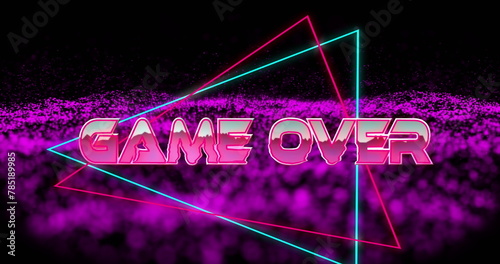 Image of game over text in metallic pink letters with triangles over purple mesh