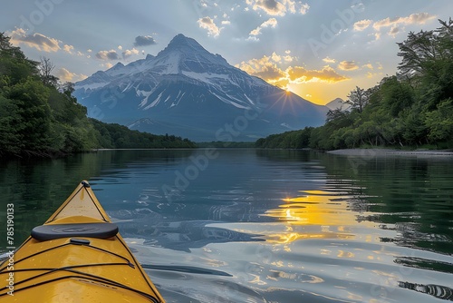 Yellow Kayak Adrift in Water With Mountain Backdrop © D