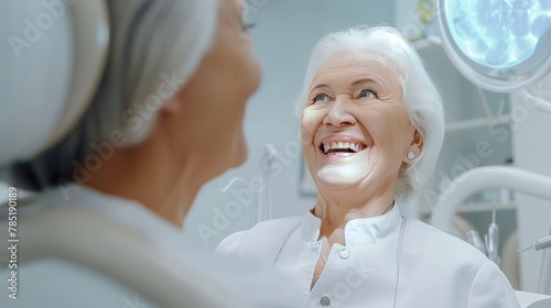 A woman is smiling in front of a mirror in a dentist s office. She is wearing a white shirt and she is happy