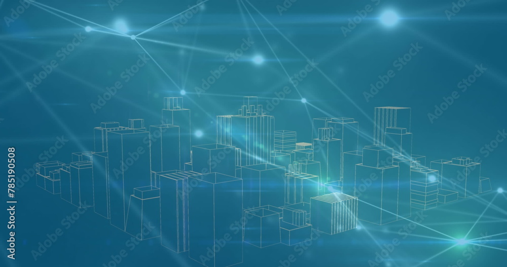 Network of connections over spinning 3d cityscape against blue background