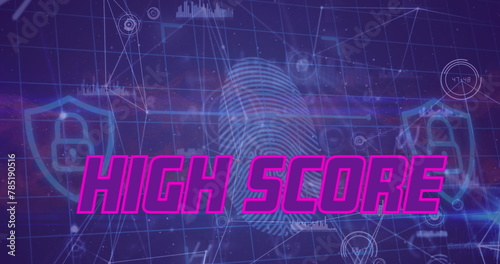 High score text banner against fingerprint scanner and network of connections on blue background photo