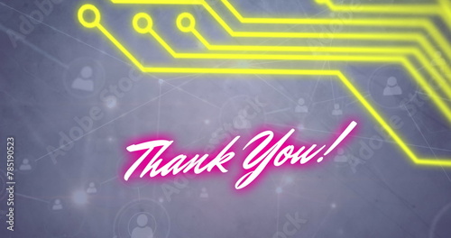 Bilde på lerret Neon pink thank you text banner and microprocessor connections against network o