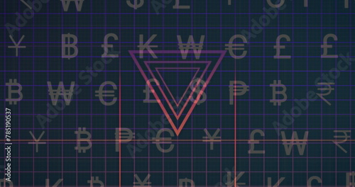Image of currency symbols over shapes on black background