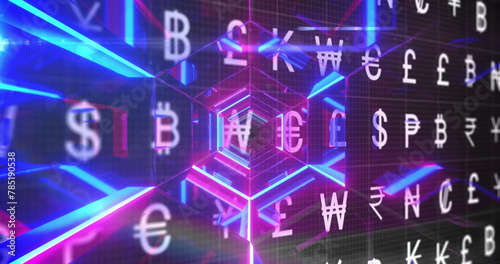 Image of currency symbols over neon tunnel