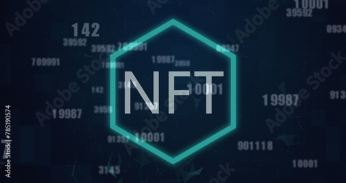 Image of nft text over data processing on black background