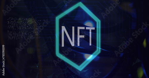 Image of nft text over data processing on black background