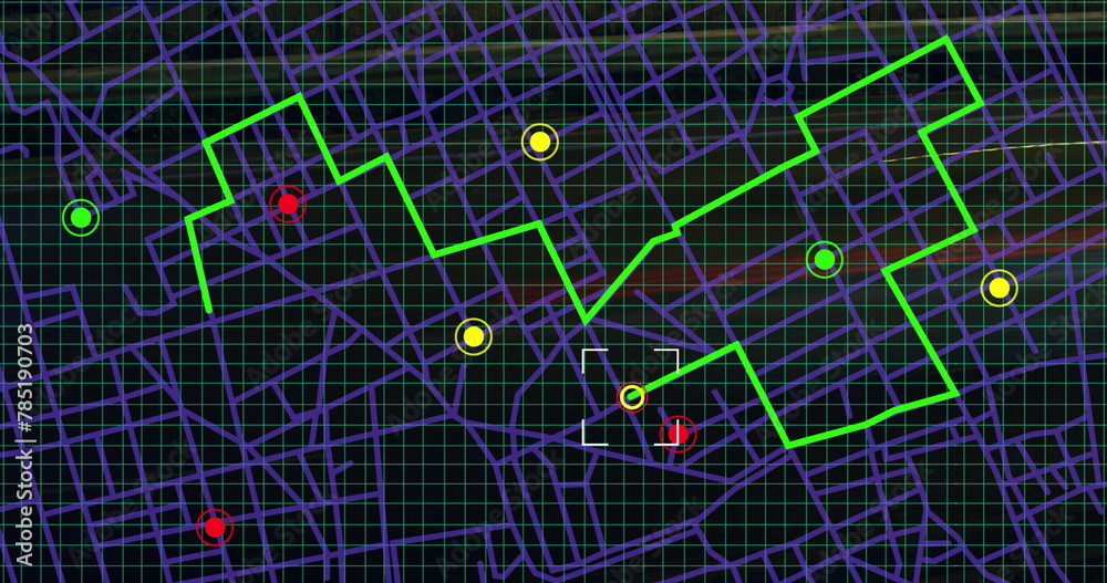 Glitch effect over navigation map line scheme against night city traffic