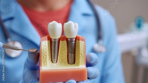 A dentist holding a model of a tooth with a screw in it. The dentist is wearing a white lab coat