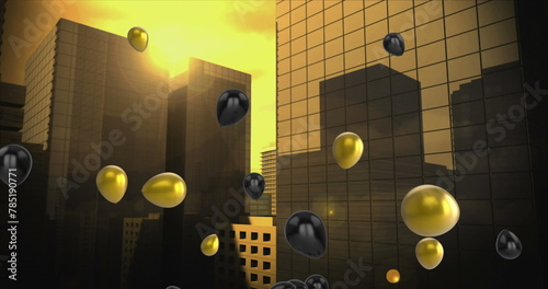 Image of balloons icons over cityscape