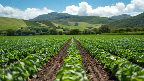 Rows of lush green crops in a field with rolling hills in the background under a clear blue sky.