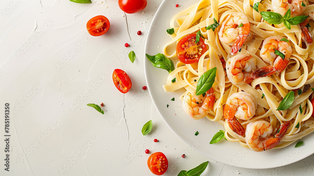 Italian Gourmet: Fettuccine Pasta with Shrimp, Tomatoes, and Herbs on White Background, Ideal for Fresh Seafood Dish Recipe Creations Italian Gourmet: Fettuccine Pasta with Shrimp, Tomatoes, and Herbs on White Background, Ideal for Fresh Seafood Dish Recipe Creations