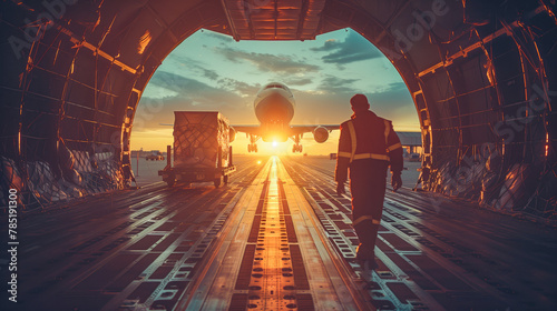 Worker loading cargo in airplane