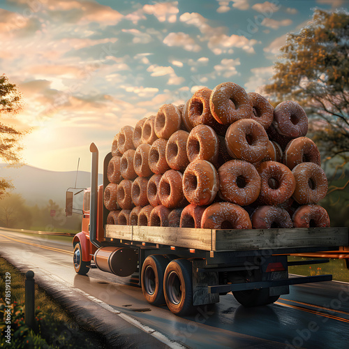 Cargo truck full of donuts on the road in the french countryside and sunset. Concept of high quality food products, cargo and shipping.