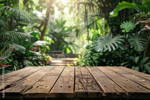 Rustic wooden table with a view of a vibrant jungle. Tranquil natural scenery