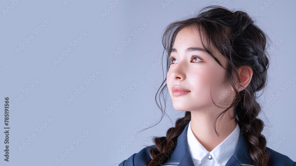 Asian school girl looking at copy space, student and education concept Asian school girl looking at copy space, student and education concept