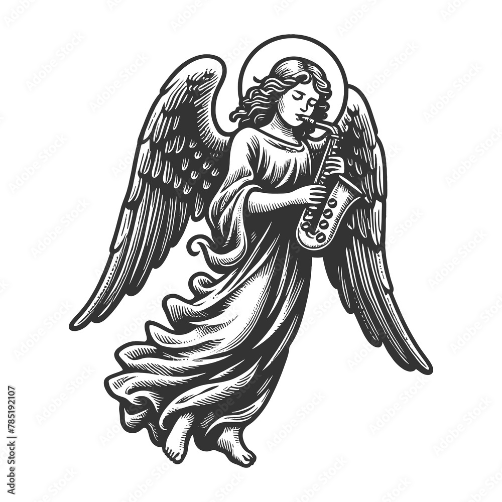 Fototapeta premium angel playing jazz saxophone, blending spirituality with the joy of music in a vintage style sketch engraving generative ai raster illustration. Scratch board imitation. Black and white image.