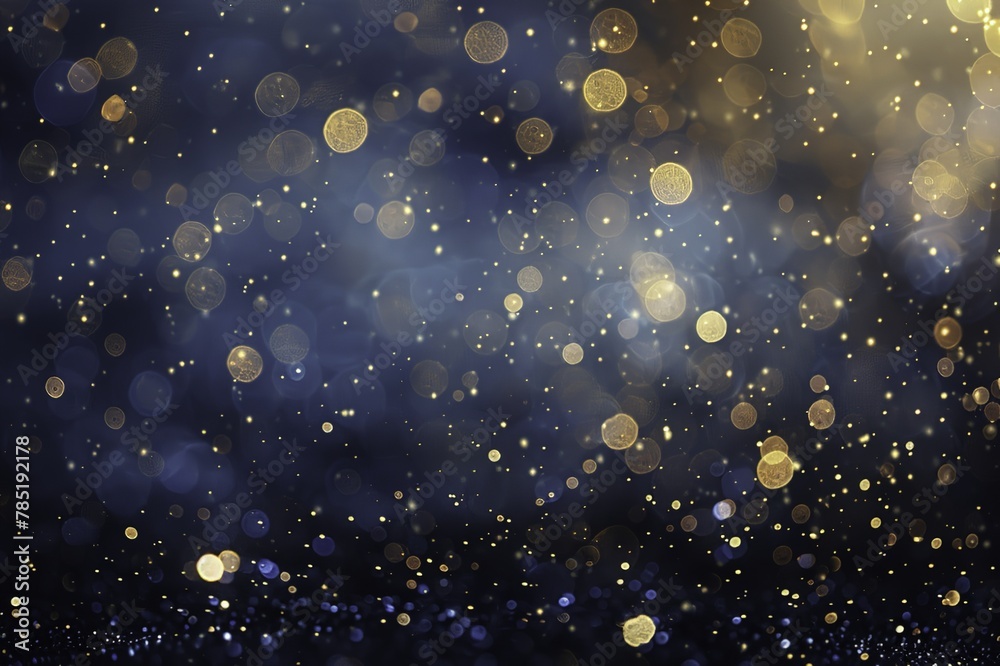 Glittering AbstractBackdrop: Dark Blue and Gold Bokeh Lights with Professional Grading and High-End Retouch