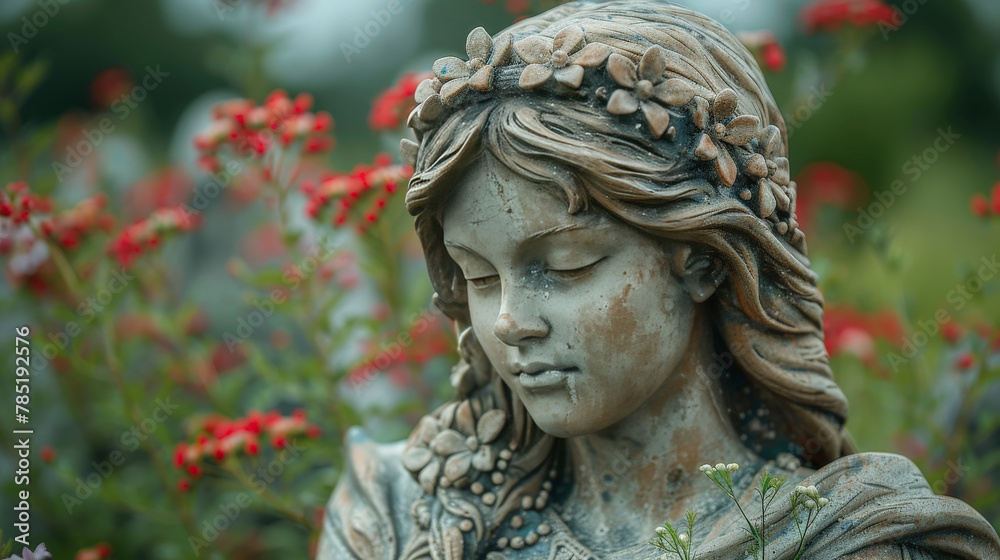 A statue of a woman with a flower crown on her head