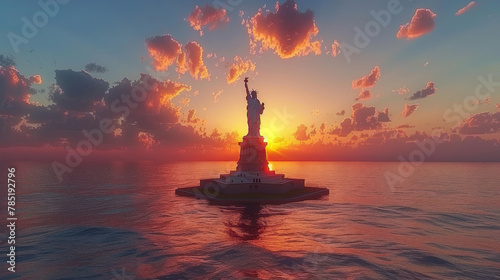 A statue of liberty is on a small island in the ocean photo