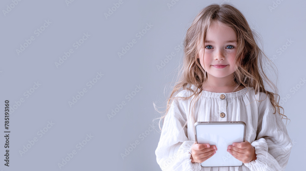 Brunette school girl holding tablet with backpack, student, technology, education Brunette school girl holding tablet with backpack, student, technology, education