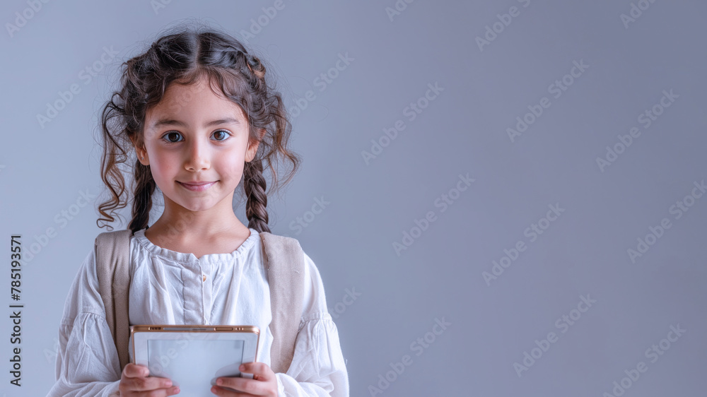 Indian school girl holding tablet with backpack, student, technology, education Indian school girl holding tablet with backpack, student, technology, education