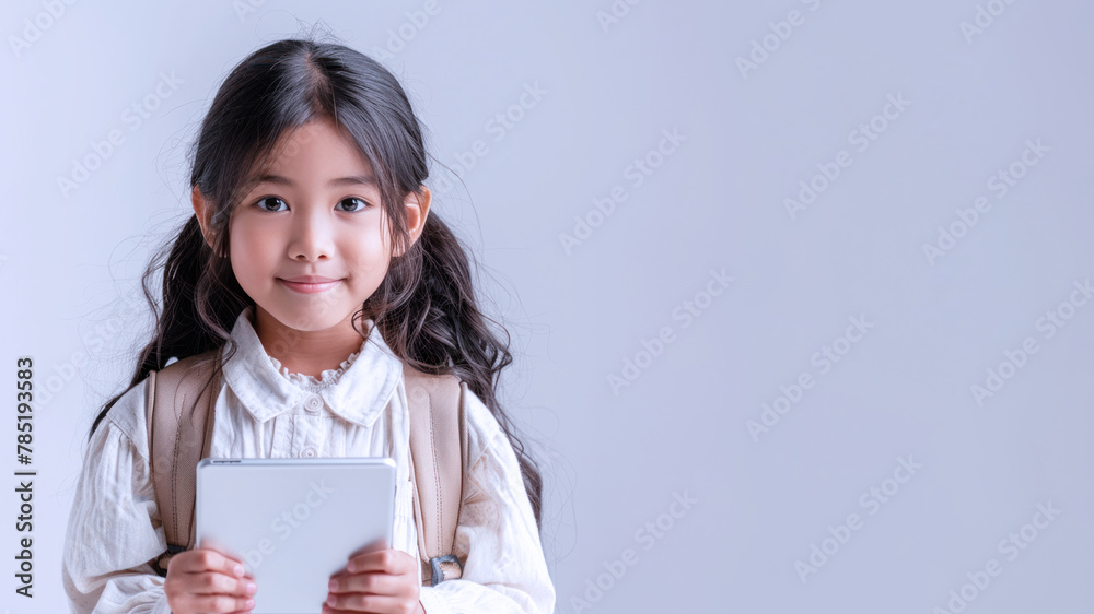 Malay school girl holding tablet with backpack, student, technology, education Malay school girl holding tablet with backpack, student, technology, education