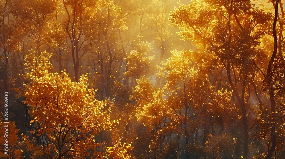 Golden sunlight through amber foliage, forest scene, close-up, high-angle, serene autumn dusk 
