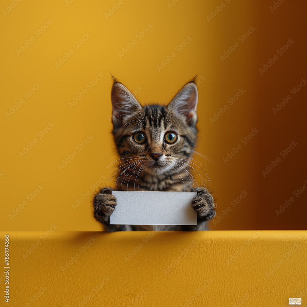 The gray kitten on the yellow background holds a sign with a frightened look. The contrast between its anxious expression and the bright background is striking. With the sign in its paws, it seems to 