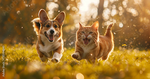 The ginger dog and cat race across the green grass, the dog leading and the cat keeping pace. Their fur ripples in the wind, capturing the essence of their dynamic energy.