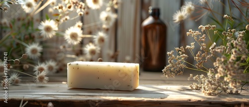 Herbal Soap Elegance - Nature's Touch in Minimalist Style. Concept Eco-Friendly Packaging, Handcrafted Skincare, Organic Bath Products, Natural Ingredients photo