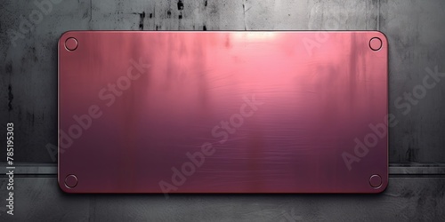 Magenta large metal plate with rounded corners is mounted on the wall. It is a 3D rendering of a blank metallic signboard