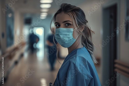 portrait of masked nurse on hospital premises blurred background
