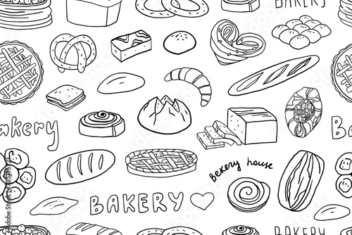 Seamless pattern of bakery products in doodle style. Bagel, croissant, bread, bun, white bread, baguette, bun, pretzel, swiss roll, challah, rye and wheat bread. Great for banners, menu design.