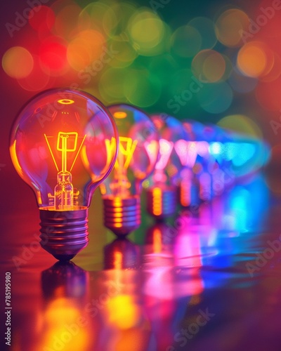 Row of electric light bulbs, creative concept, colorful defocused background, abstract with copy space, vibrant realism , 8K , high-resolution, ultra HD,up32K HD