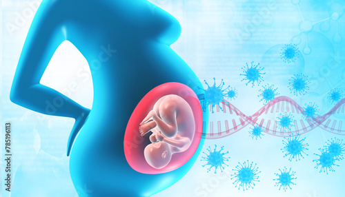 Fetus in stomach with dna and virus. 3d illustration.. photo