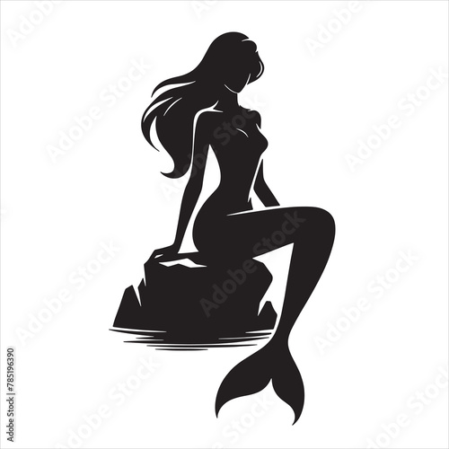 A mermaid is sitting on a rock silhouette vector illustration