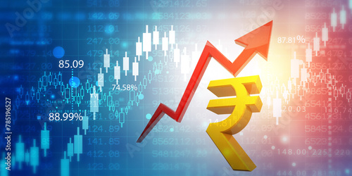 Canvastavla Indina rupee symbol with arrow graph on stock market background