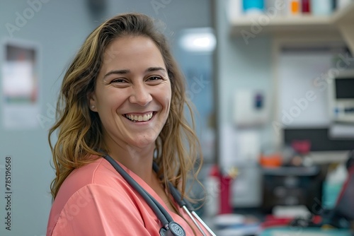 Portrait of smiling student nurse with pink uniform on hospital ward premises background 
