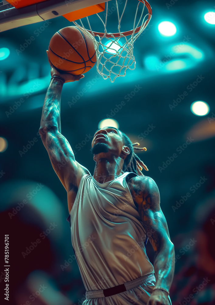 Basketball player soaring for slam dunk in crowded arena. Intense athletic action captured in mid-air. Sports competition at its peak. Sport industry, entertainment and professional sport concept.