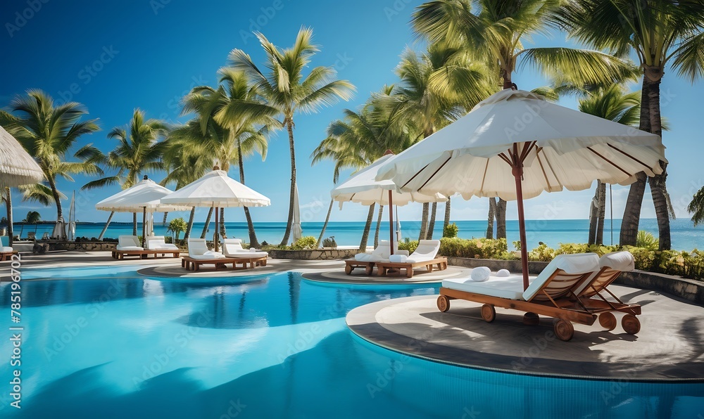 Fototapeta premium Beautiful swimming pool with umbrella and chair in luxury hotel resort