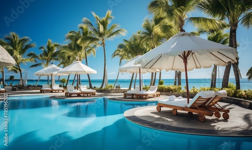 Beautiful swimming pool with umbrella and chair in luxury hotel resort
