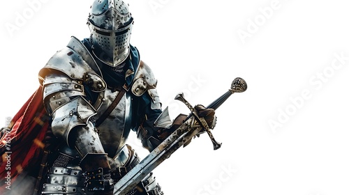 Close-up of Armor-Clad Warrior Holding Sword, Isolated on White