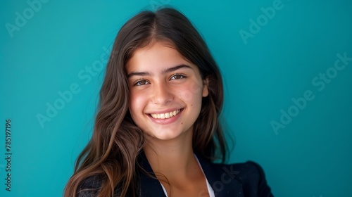 A smiling young student girl, in a professional headshot, on a solid turquoise background, radiating positivity