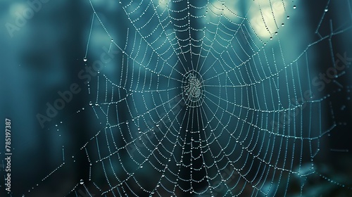 Glistening dew on spider web, close-up, eye-level view, misty forest, early autumn chill 