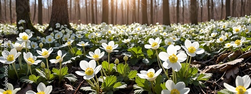 First green plants in the spring forest colorful morning scene of woodland glade in March with white anemone flowers beautiful floral background
