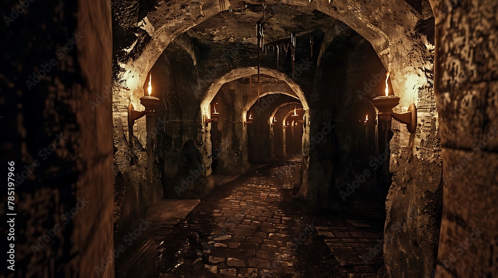 Endless Medieval Catacombs Aglow with Torches