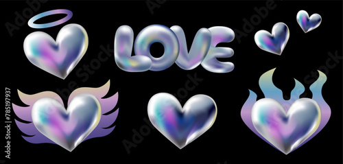 3d holographic retro 90 stickers set. Chrome Hearts in Y2K style with fire flame, angel wings, crown isolated on black. Future galaxy aesthetic, 3D chrome bubble art. Metal glossy sticker set. © AutumnStudio