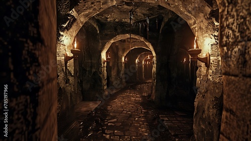 Endless Medieval Catacombs Aglow with Torches